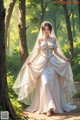 A woman in a wedding dress standing in the woods.