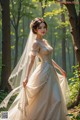 A woman in a wedding dress standing in the woods.