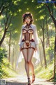 A woman in a white robe and lingerie walks through a sunlit forest.