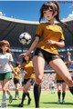 A group of young women playing soccer on a field.