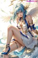 Anime girl with blue hair sitting on a rock.